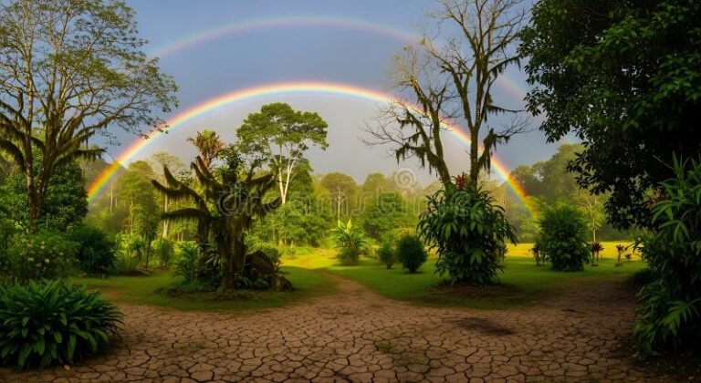 arco iris sobre paisaje natural multicultural