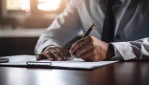 persona escribiendo en un cuaderno profesionalmente