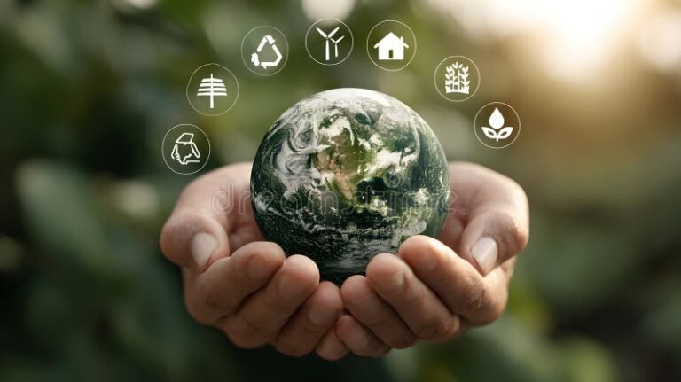 planeta tierra con iconos de sostenibilidad alrededor